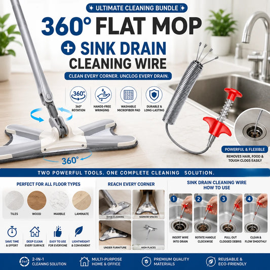 360° Flat Mop + Sink Drain Cleaning Wire Bundle | 2-in-1 Cleaning Set